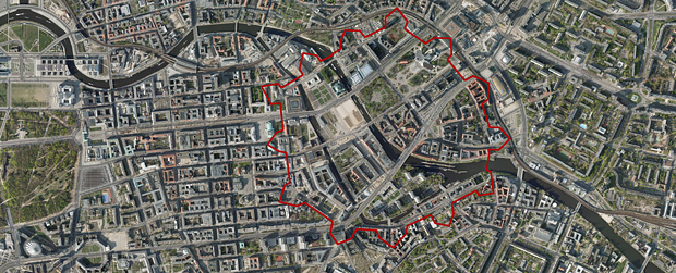 Historische Mitte: rote Linie = alte Stadtmauer