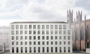 Entwurf für ein kastenförmiges Bürohaus vor Friedrichswerdersche Kirche